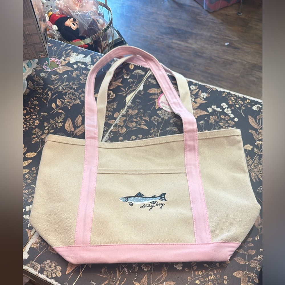 Dairy Boy Fish Canvas Tote Bag in Cream and pink